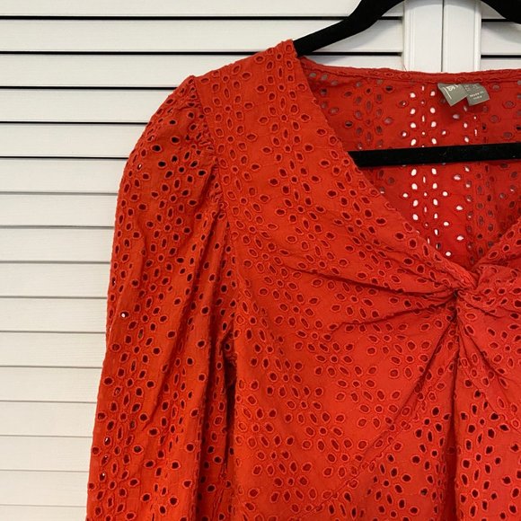 ASOS Red Eyelet Long Sleeve Knot Front Blouse - Picture 2 of 4